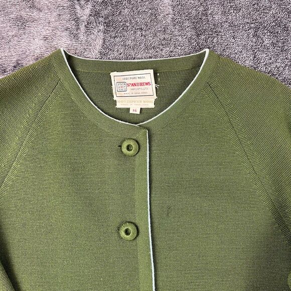 Vtg 60's St. Andrews 100% Pure Zephyr Wool Knitted Cardigan Skirt Set Green 16 - Picture 2 of 15